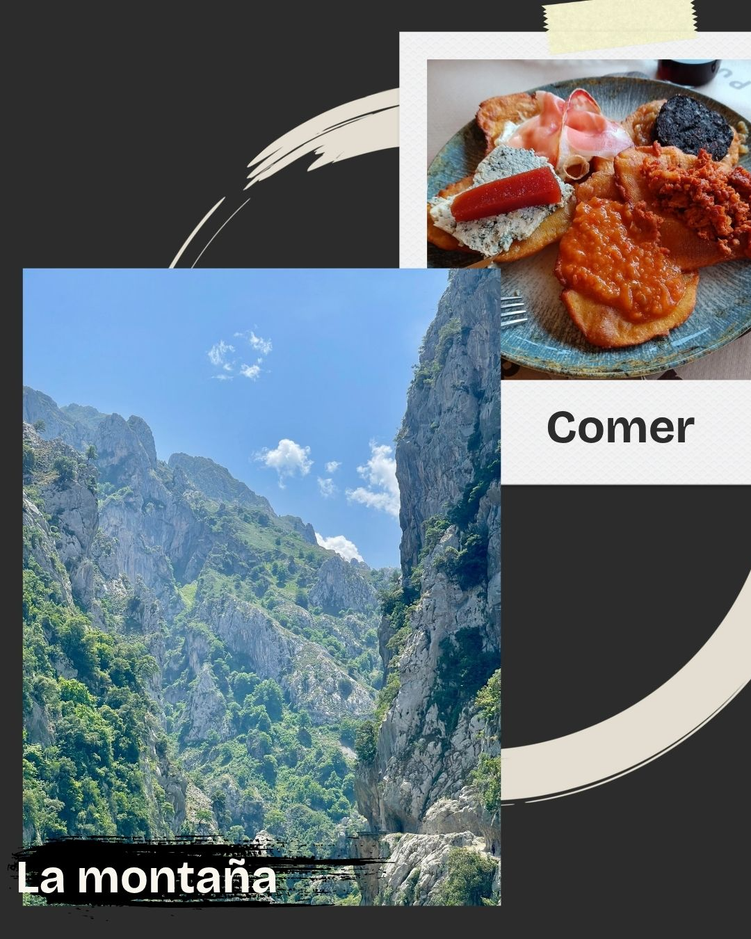 Ruta de senderismo por la Ruta del Cares en los Picos de Europa y Tortos asturianos recién hechos - Comida tradicional de Asturias servida en tabla de madera con picadillo, huevo y queso